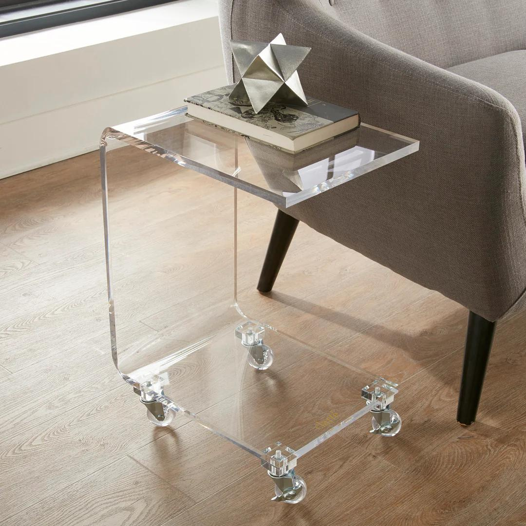 Huang Acrylic Clarte Clear Acrylic Rolling C Table with Wheels Side Table for Living Room or Nighstand for Bedrooms Premium Durable Glass Like